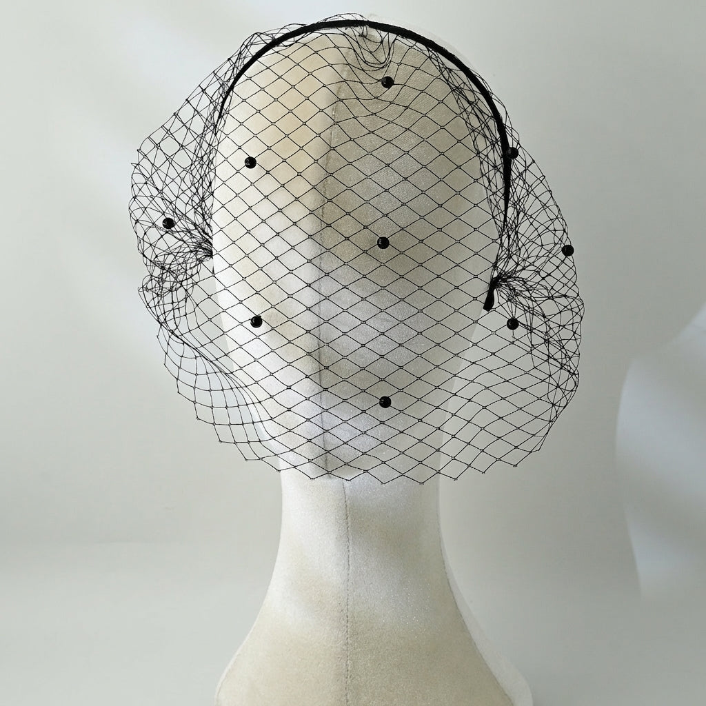 Black Pearl Birdcage Bridal Veil Gothic Wedding Veil - Bridella BMA35