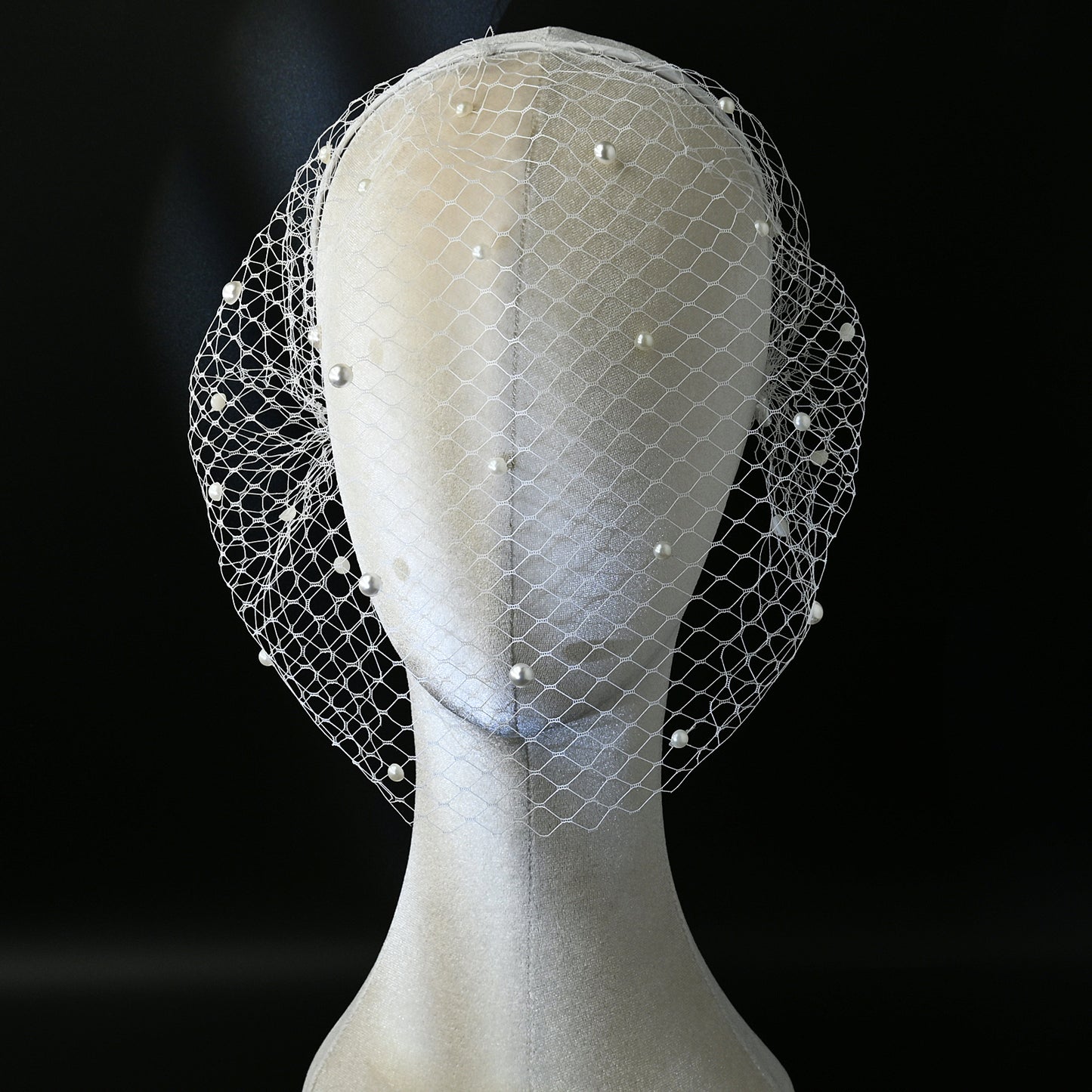 white White Pearl & Mesh Birdcage Veil - Bridella BVA08-W