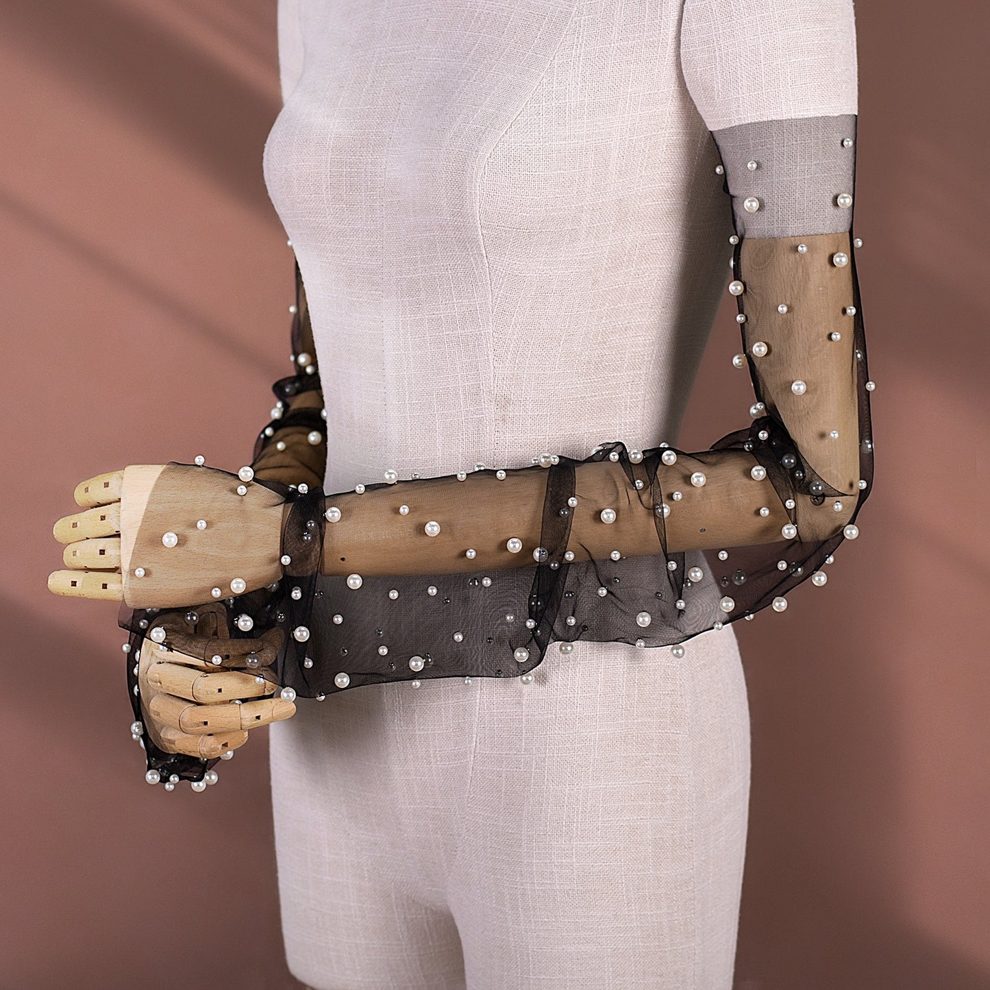 Elegant Pearl Bridal Gloves Fingerless Elbow Gloves - Bridella BMM46