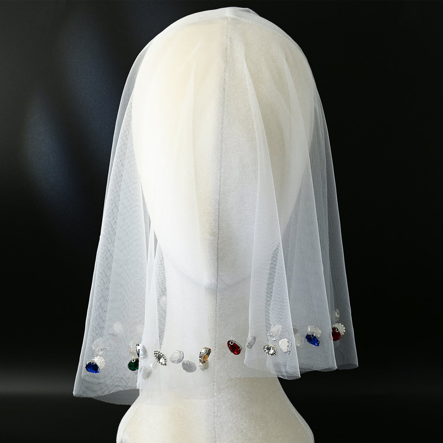 Colorful Rhinestone Bridal Veil Comb Short Blusher Wedding Hair Accessory - Bridella BVA19