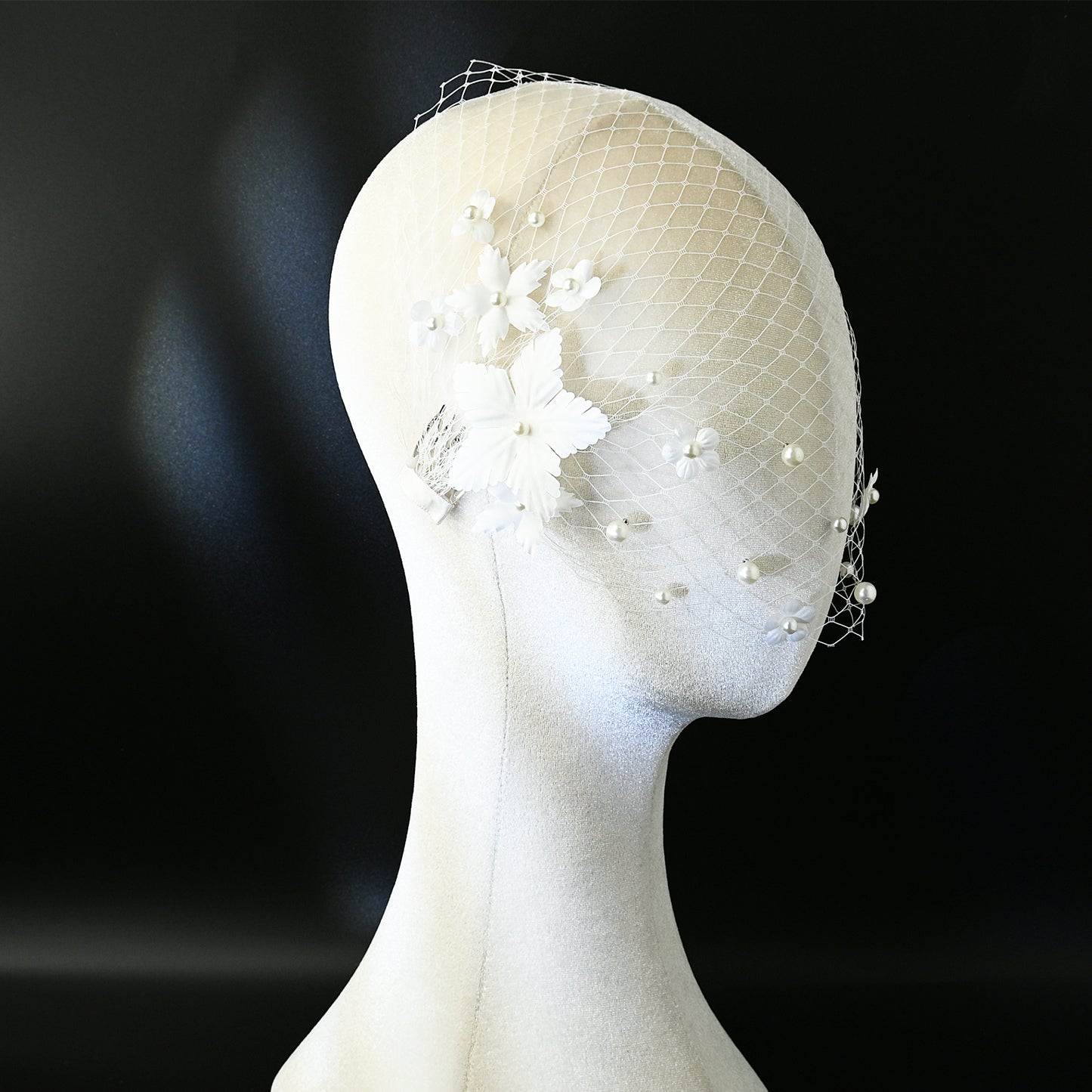 3D Flower Pearl Birdcage Bridal Veil With Comb - Bridella BVA22