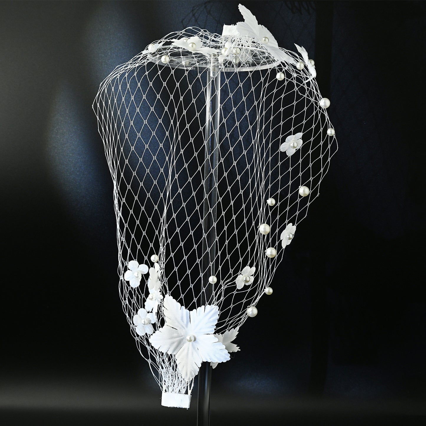 3D Flower Pearl Birdcage Bridal Veil With Comb - Bridella BVA22