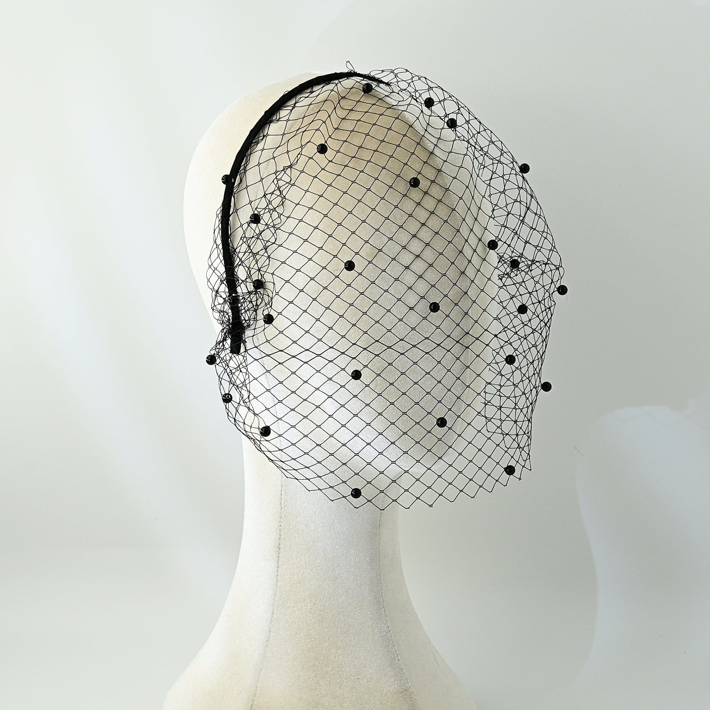 white White Pearl & Mesh Birdcage Veil - Bridella BVA08-B