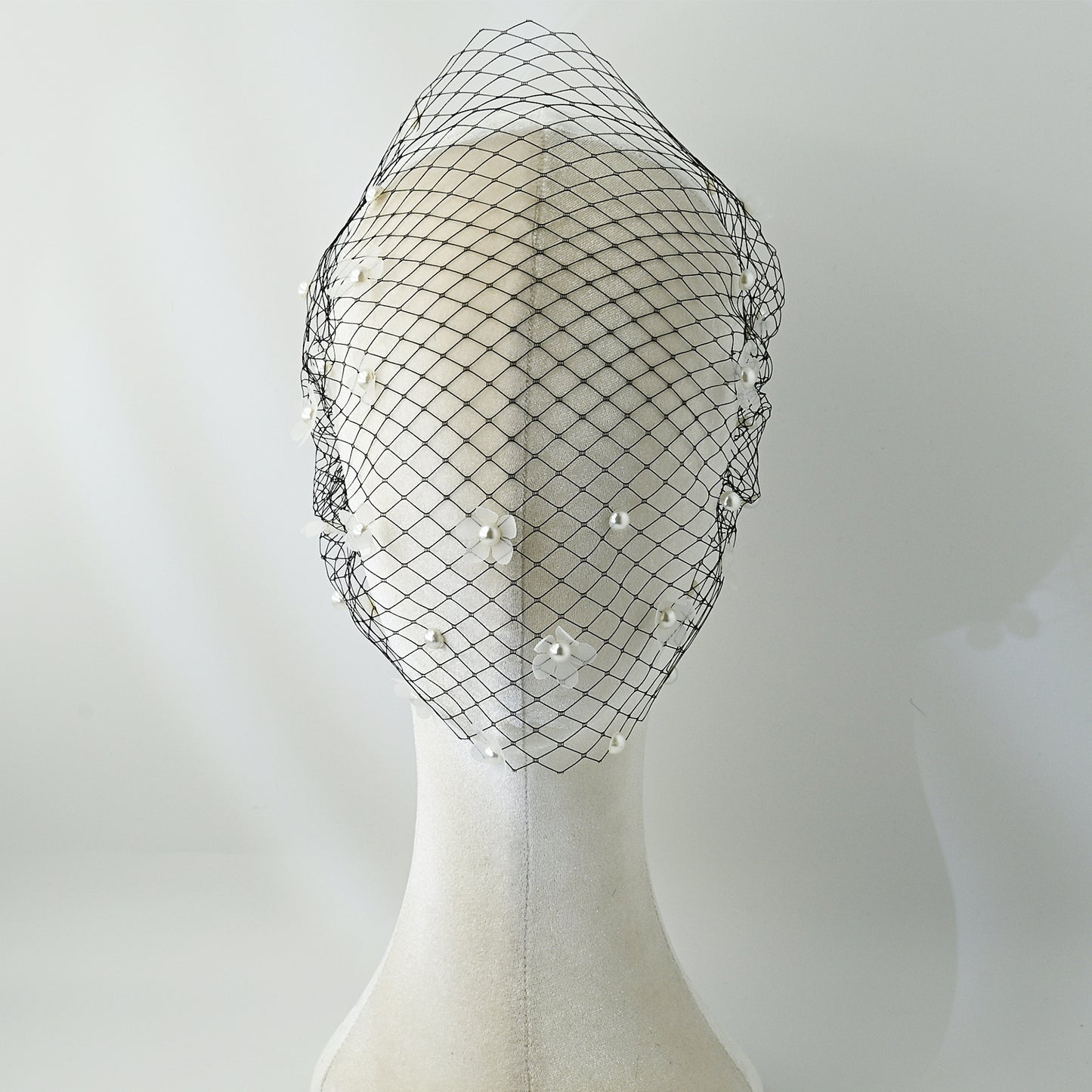 Vintage Birdcage Bridal Veil Fascinator Stretch Headband Blusher Face Veil Black White - Bridella BVA15-B