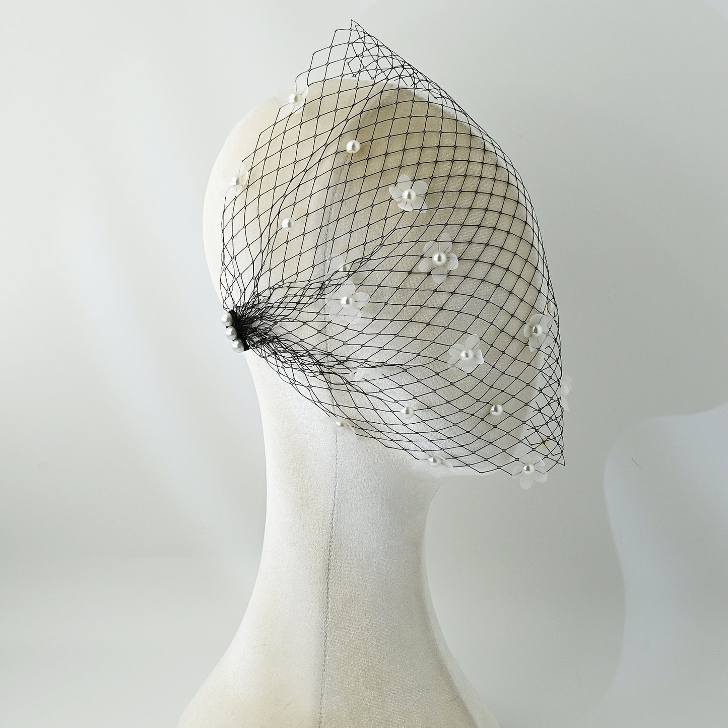 Vintage Birdcage Bridal Veil Fascinator Stretch Headband Blusher Face Veil Black White - Bridella BVA15-B