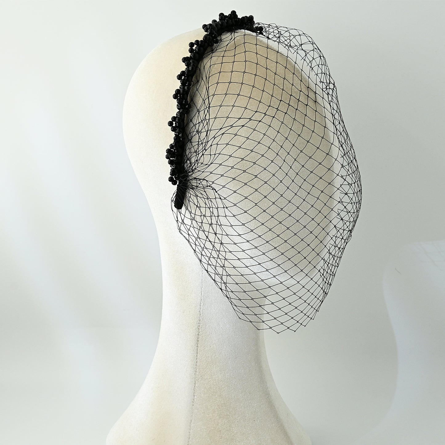Black Beaded Birdcage Bridal Veil Headband Vintage French Face Veil - Bridella BVA30-B