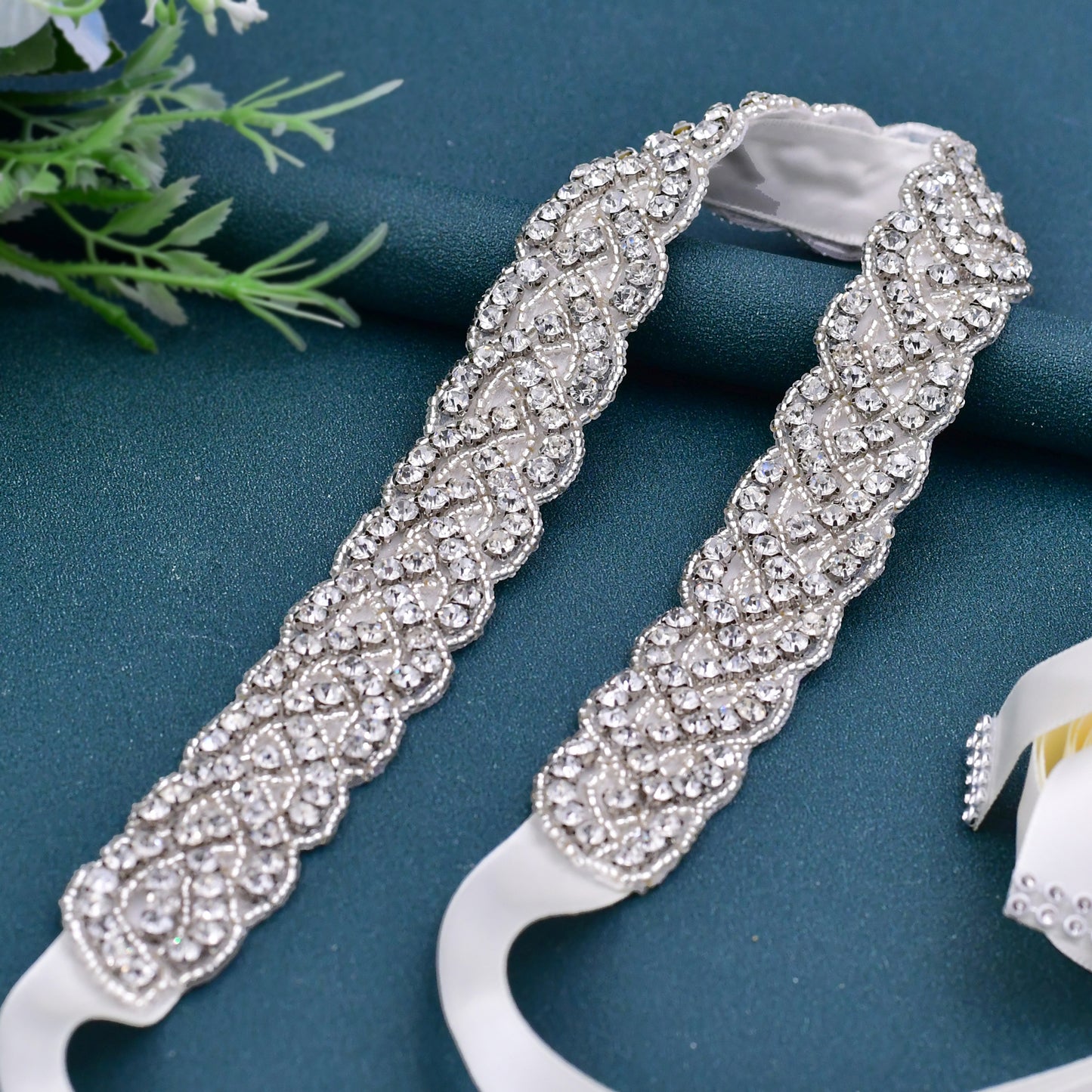 Silver Crystal Bridal Belt Applique Ribbon Sash - Bridella BS216