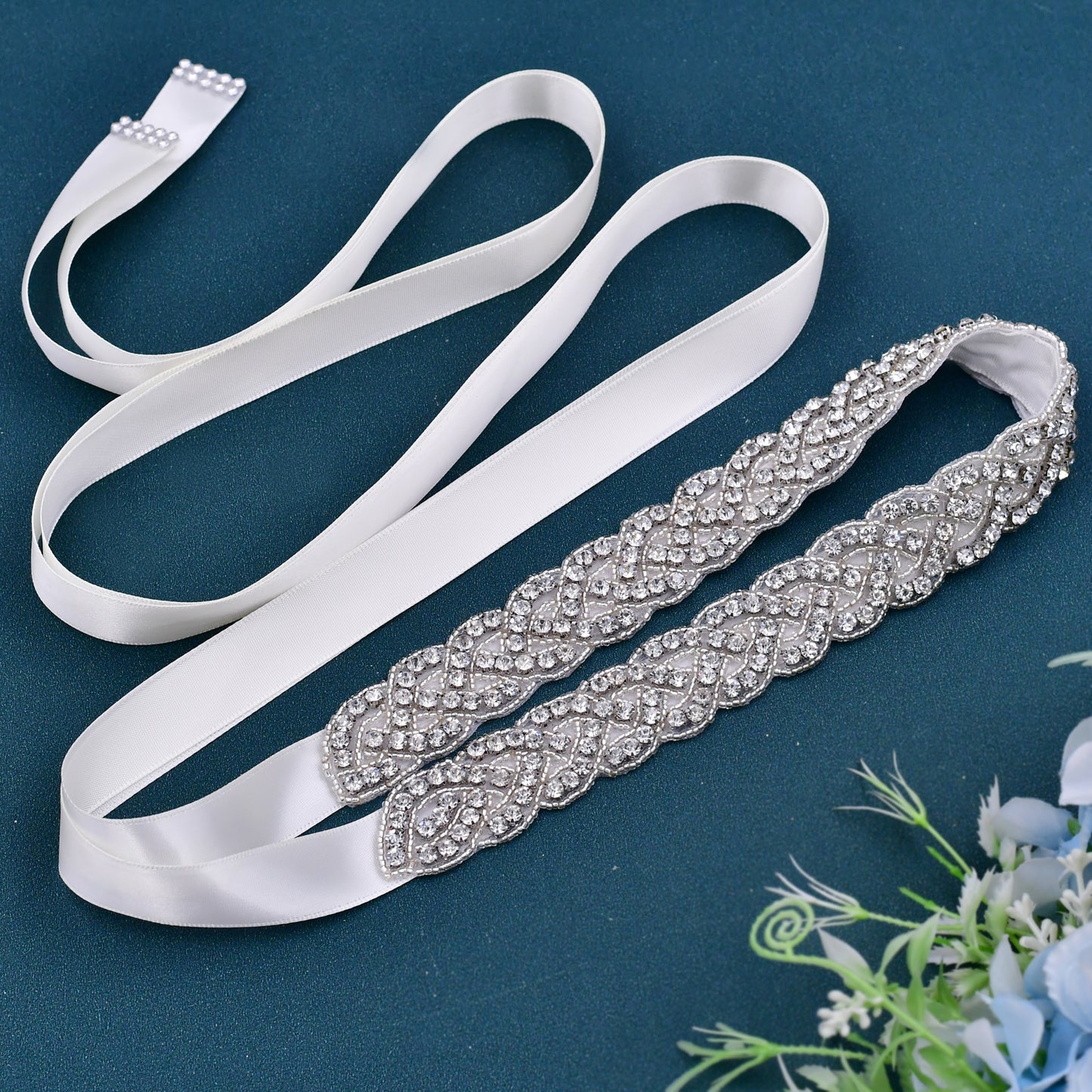 Silver Crystal Bridal Belt Applique Ribbon Sash - Bridella BS216