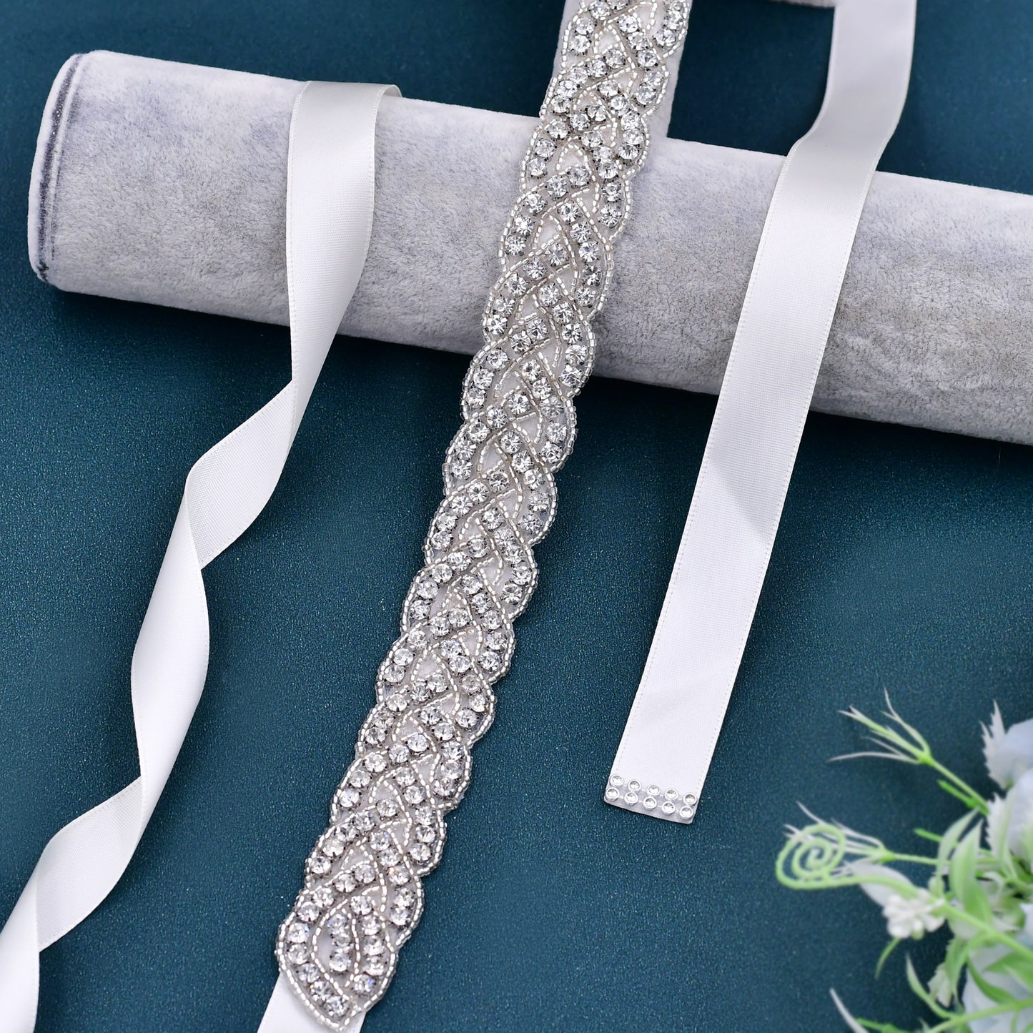 Silver Crystal Bridal Belt Applique Ribbon Sash - Bridella BS216