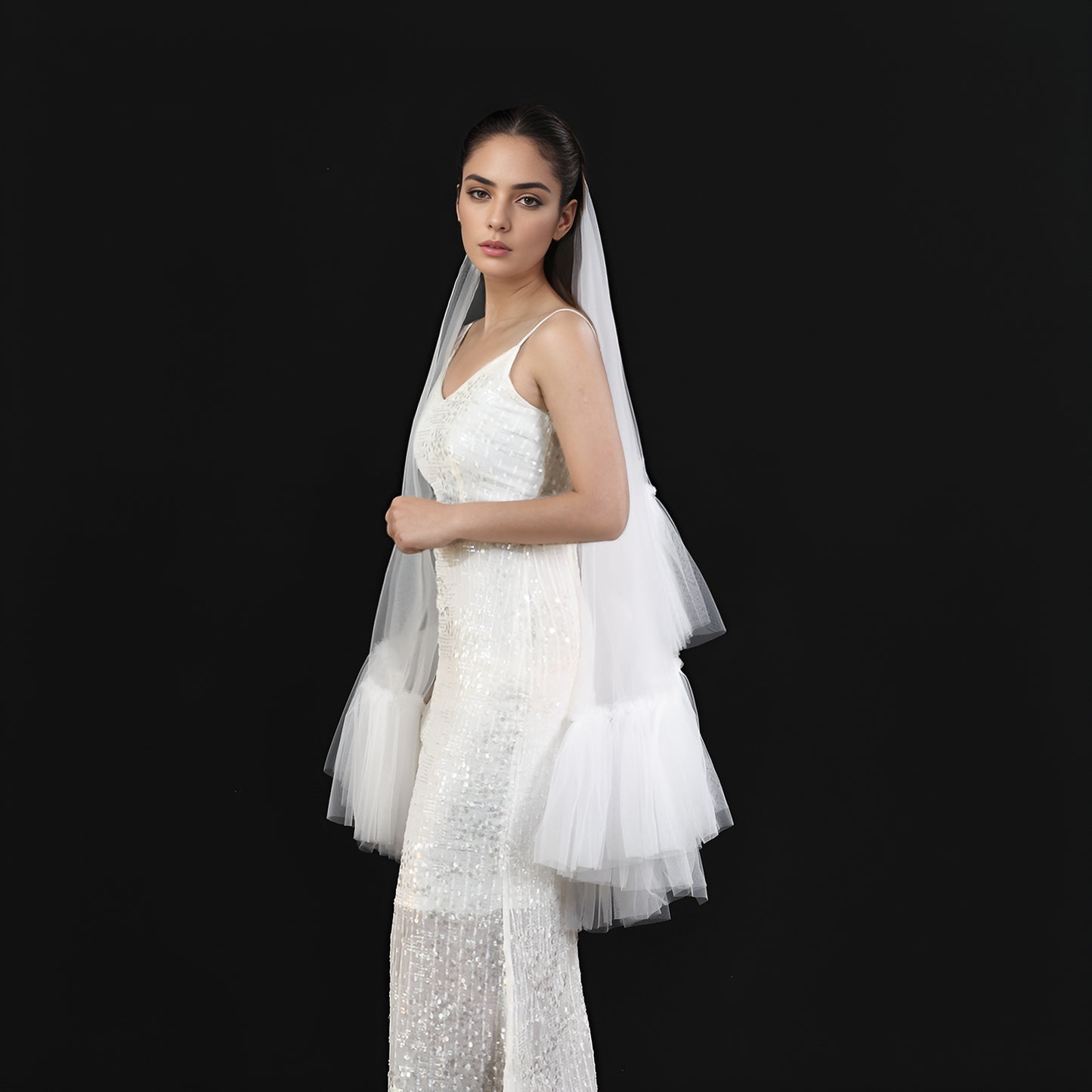 Ivory, Fluffy, Minimalism, Two layer, Bridal veil