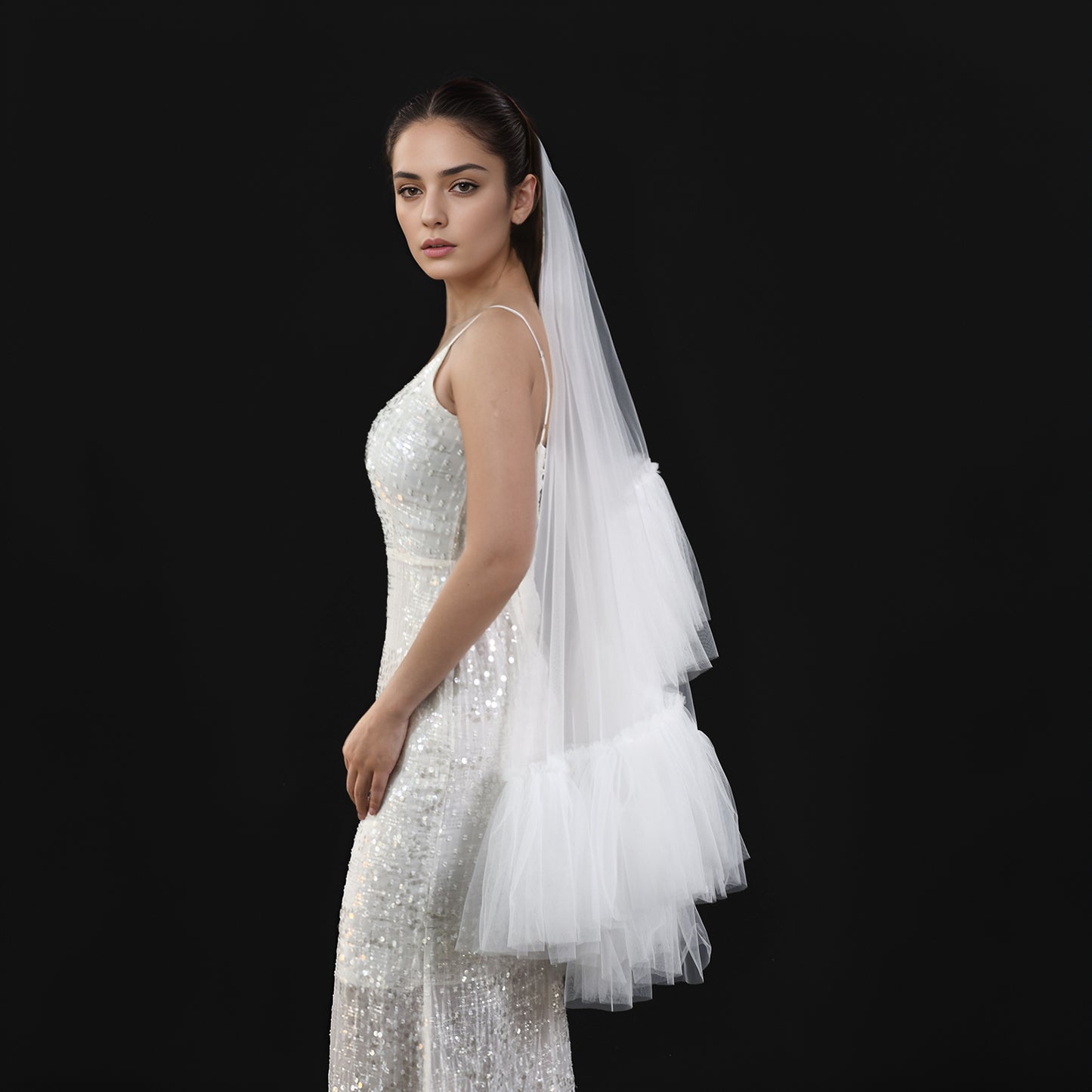 Ivory, Fluffy, Minimalism, Two layer, Bridal veil