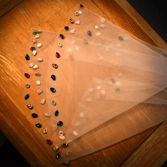 Colorful Rhinestone Bridal Veil Comb Short Blusher Wedding Hair Accessory - Bridella BVA19