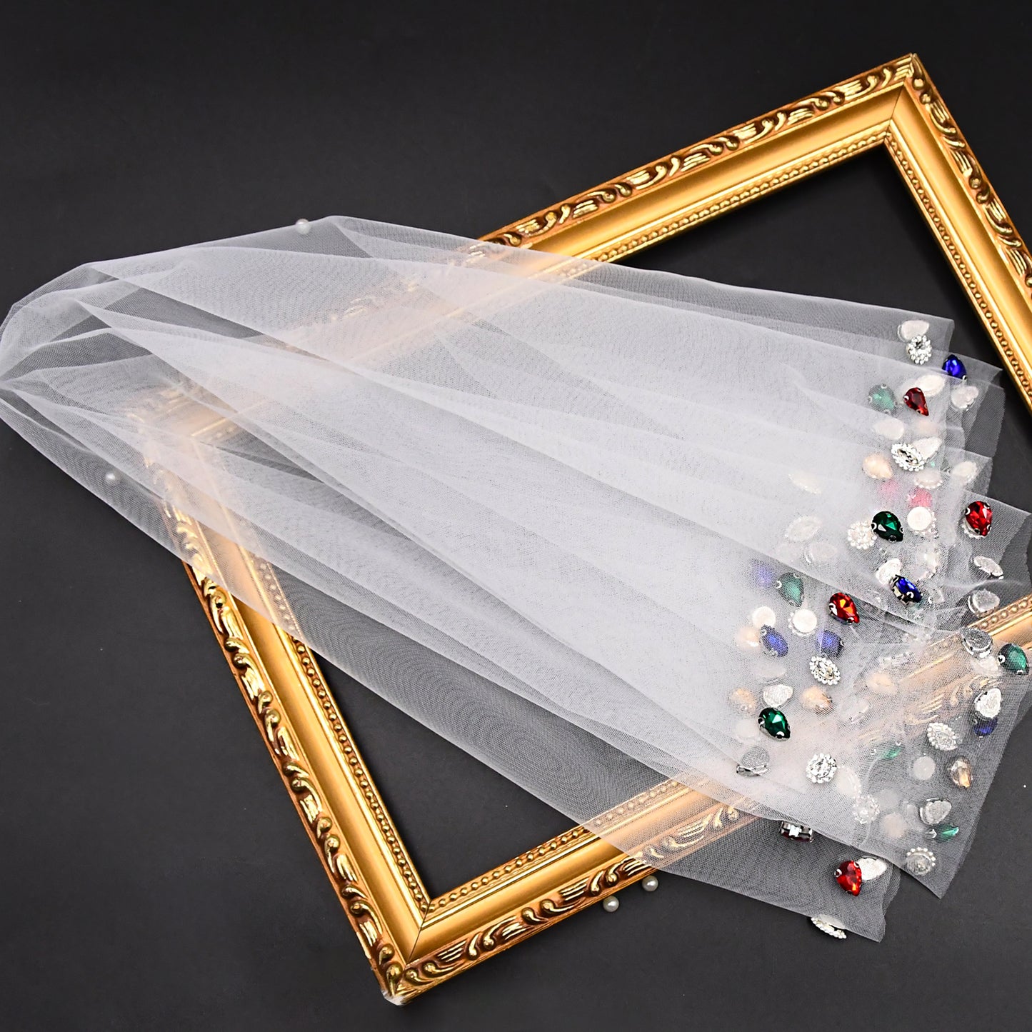 Colorful Rhinestone Bridal Veil Comb Short Blusher Wedding Hair Accessory - Bridella BVA19
