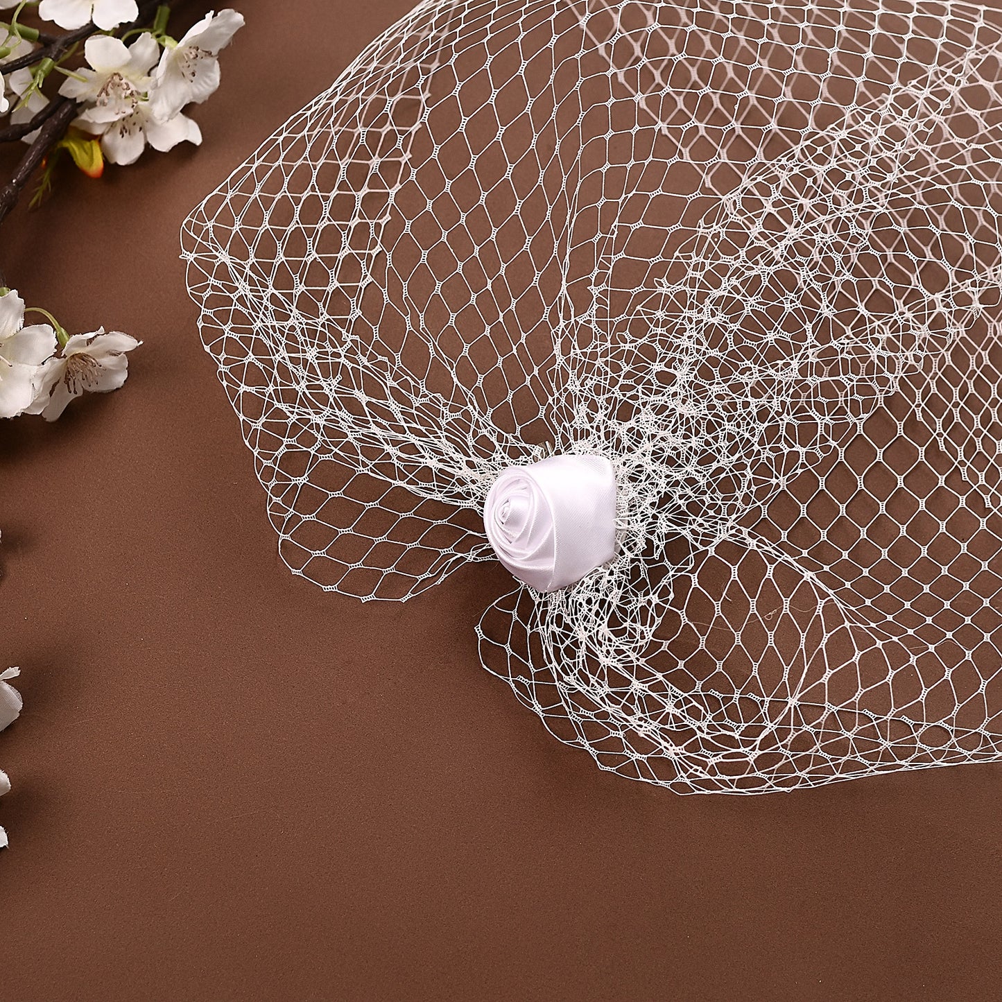 Birdcage Bridal Veil Ribbon Flower Headband Blusher Face Veil White - Bridella BVA02
