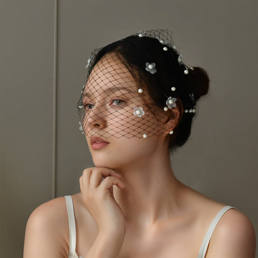 Vintage Birdcage Bridal Veil Fascinator Stretch Headband Blusher Face Veil Black White - Bridella BVA15-B