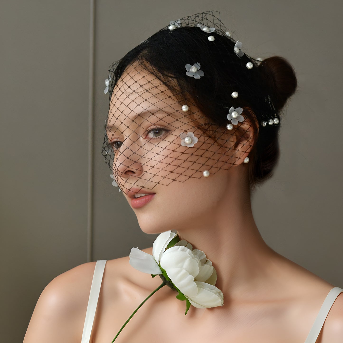 Vintage Birdcage Bridal Veil Fascinator Stretch Headband Blusher Face Veil Black White - Bridella BVA15-B