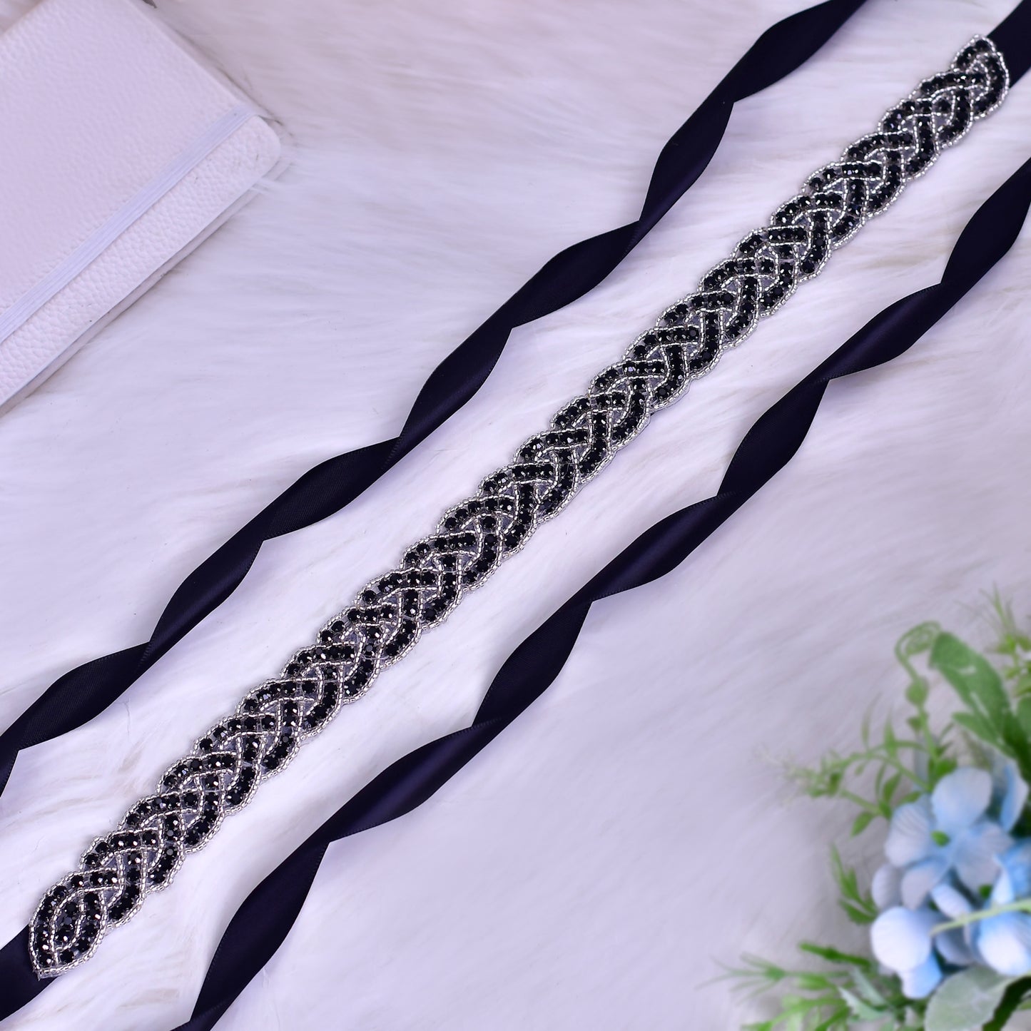 Silver Crystal Bridal Belt Applique Ribbon Sash - Bridella BS216
