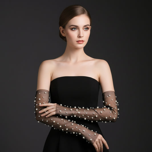 Elegant Pearl Bridal Gloves Fingerless Elbow Gloves - Bridella BMM46