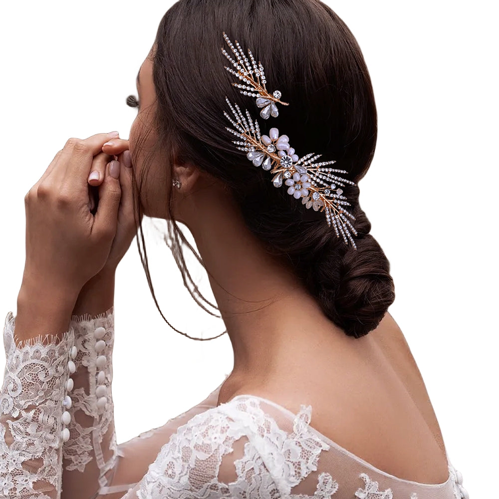 Gold Rhinestone & Pearl Tiara - Bridella BHP01-G