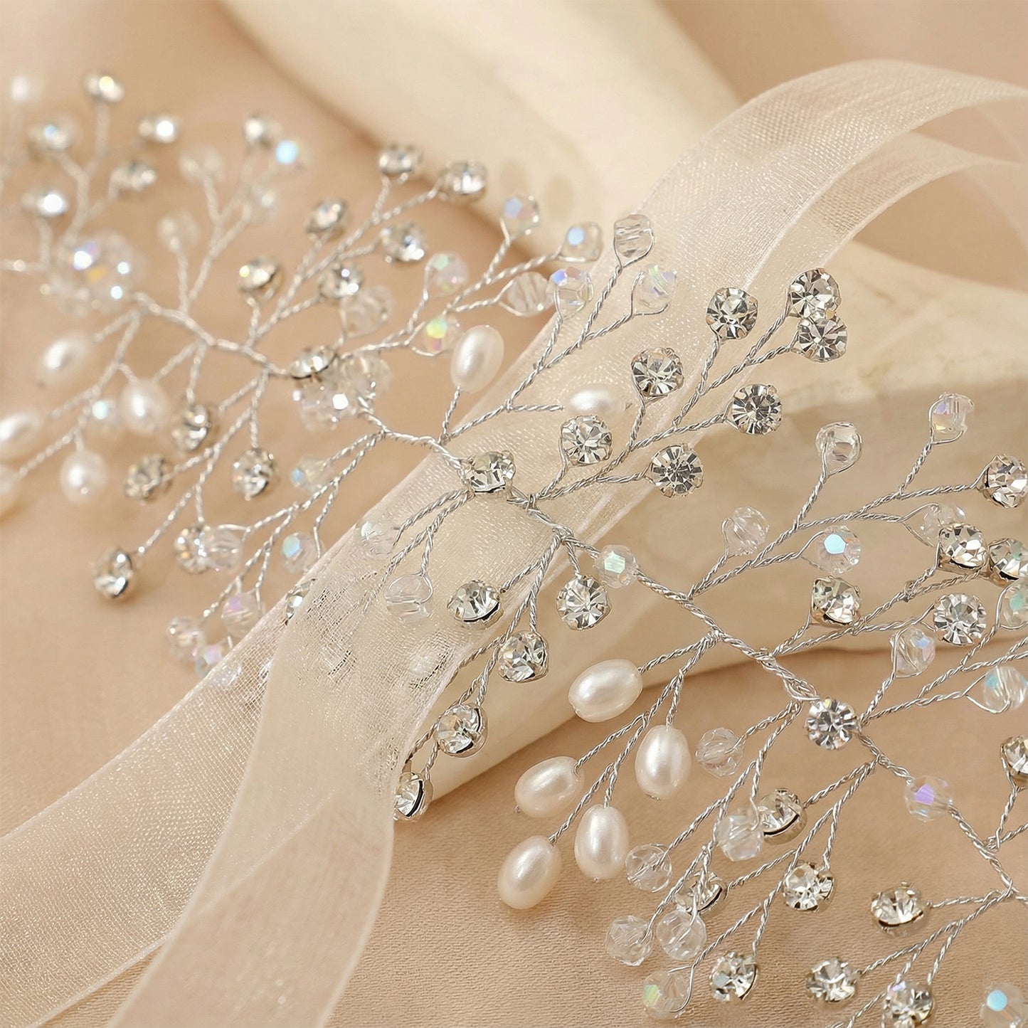 Bridella BHP10-S Silver Rhinestone & Pearl Tiara