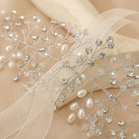 Silver Rhinestone & Pearl Vine Bridal Tiara - Bridella BHP10-S