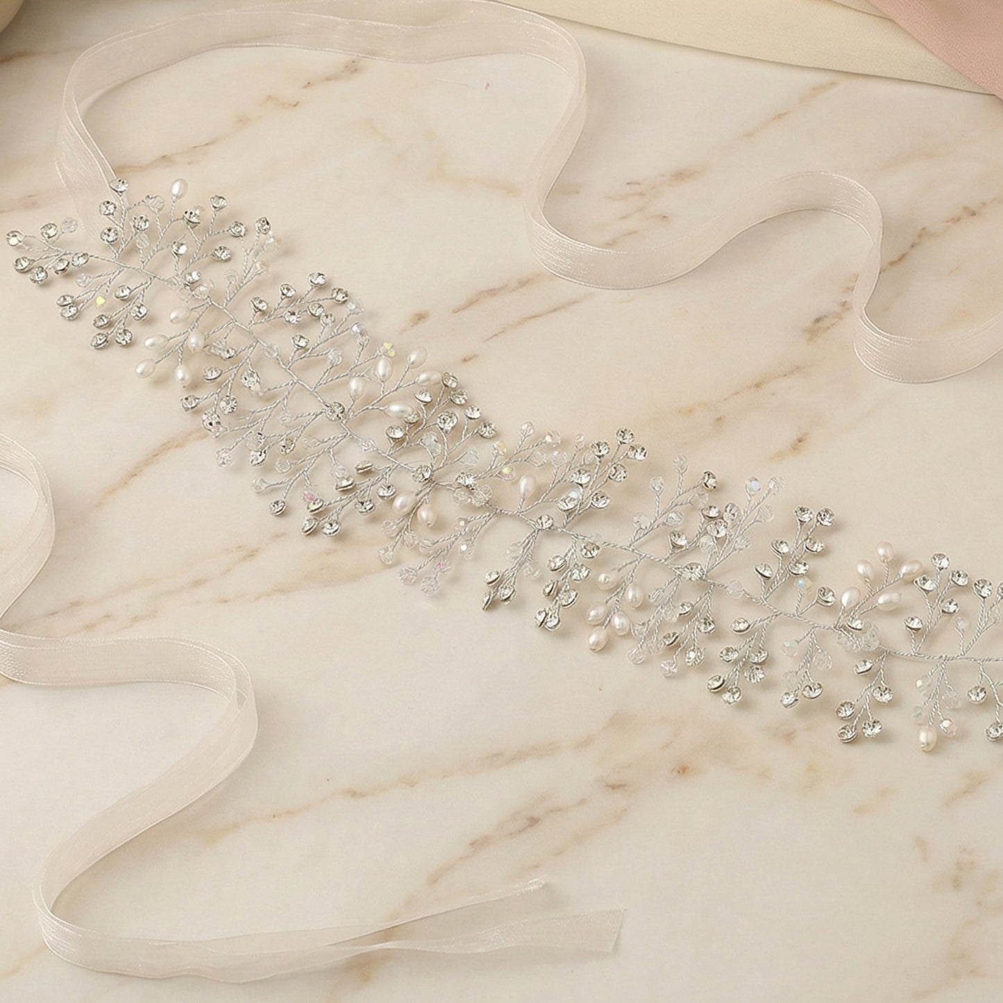 Bridella BHP10-S Silver Rhinestone & Pearl Tiara