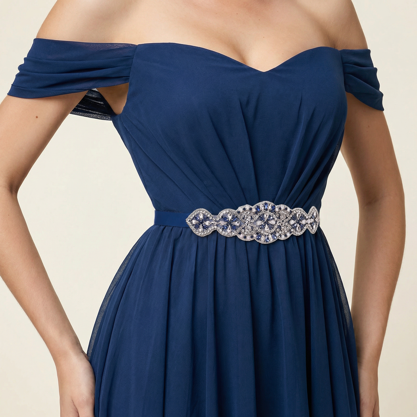 Navy Rhinestone Belt - Bridella BS94ML