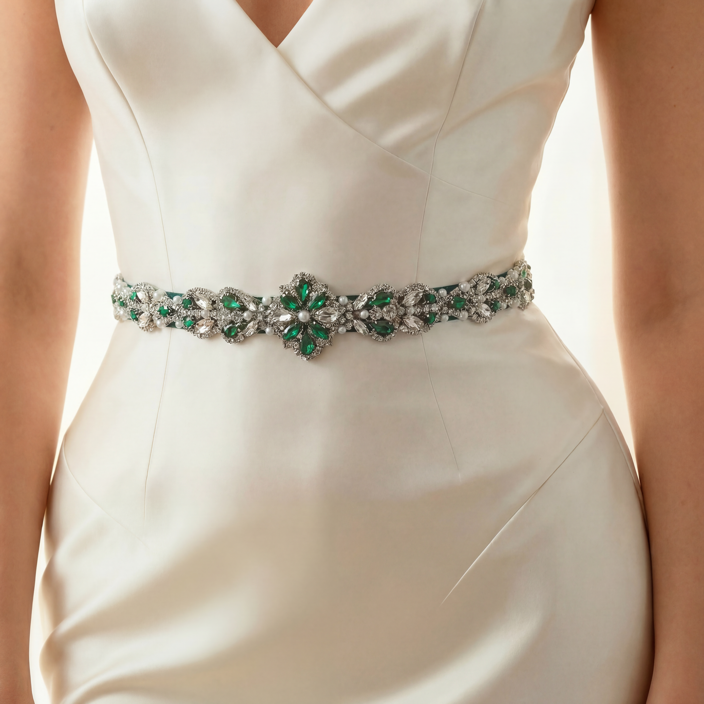 Green Rhinestone Pearl Bridal Belt Wedding Sash - Bridella BS39KL