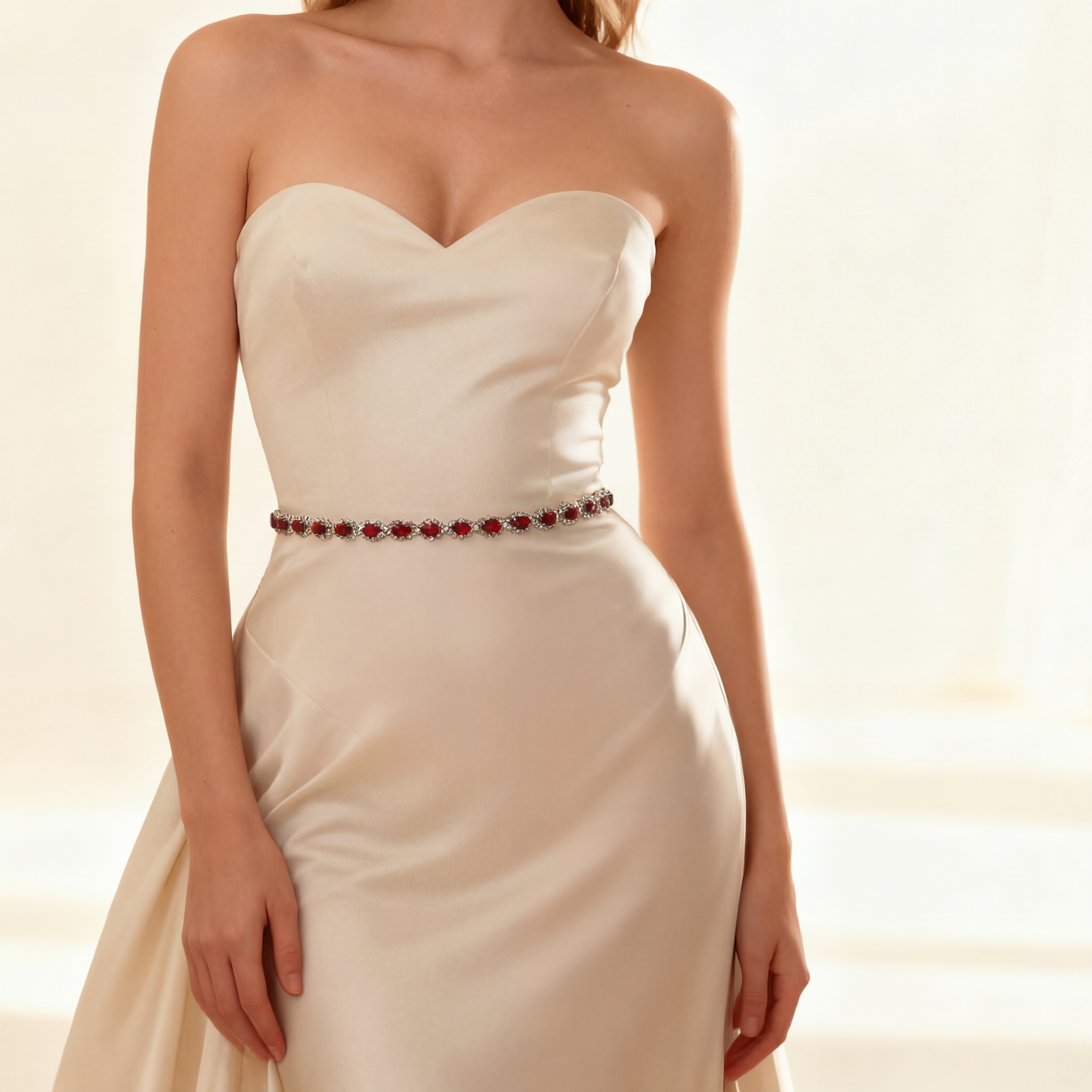 Wine Red Rhinestone Bridal Belt Adjustable Waist Sash Bridella BS190R