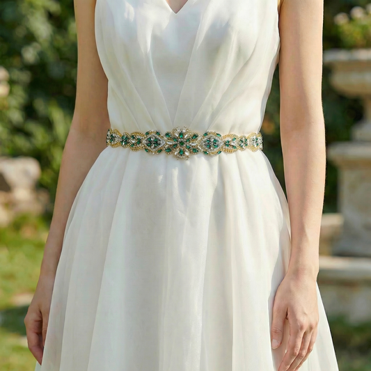 Green Rhinestone Pearl Bridal Belt Wedding Sash – Bridella BS433GKL