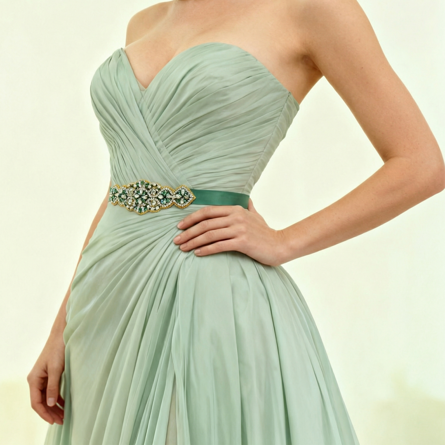 Green Rhinestone Pearl Bridal Belt Wedding Sash - Bridella BS94KL
