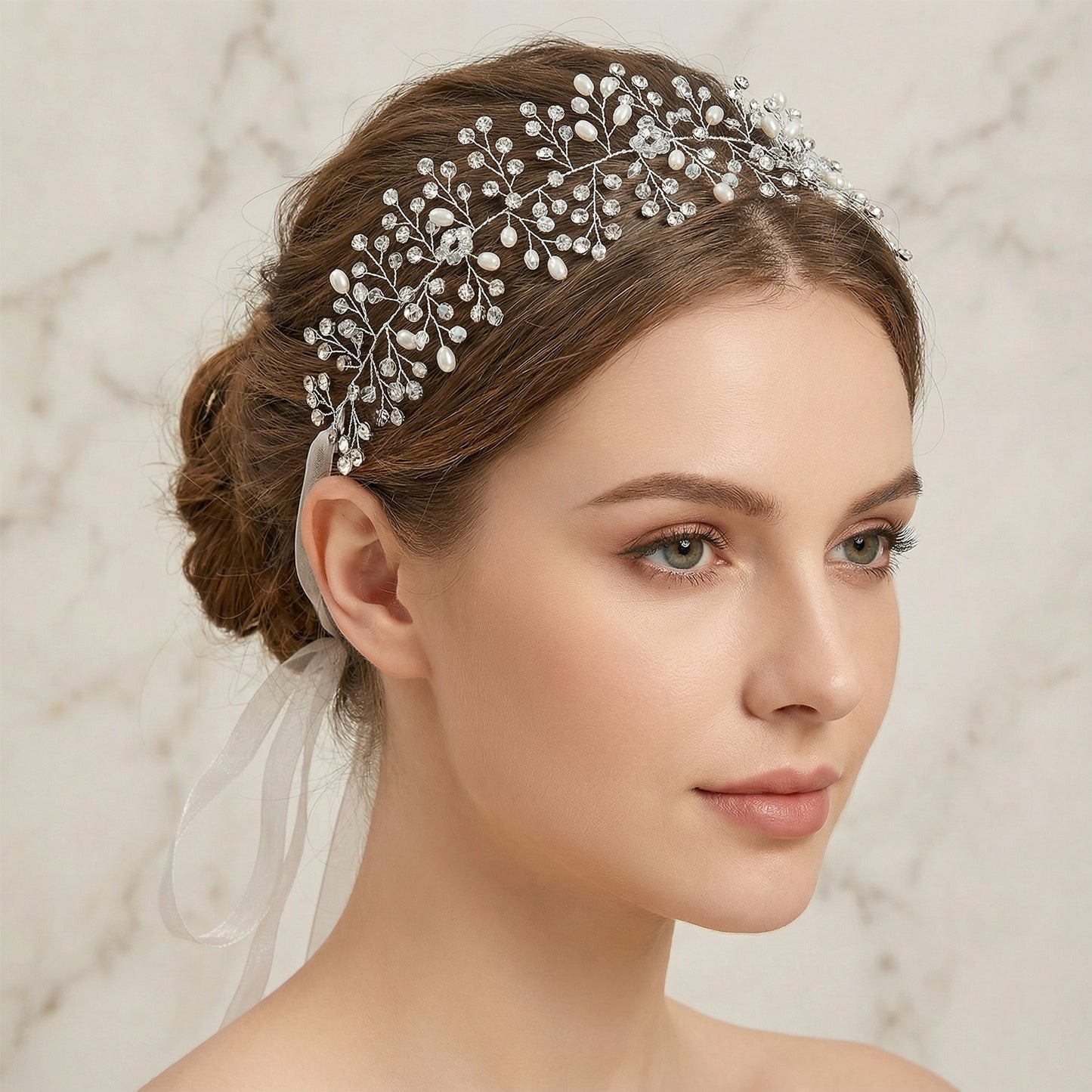 Bridella BHP10-S Silver Rhinestone & Pearl Tiara