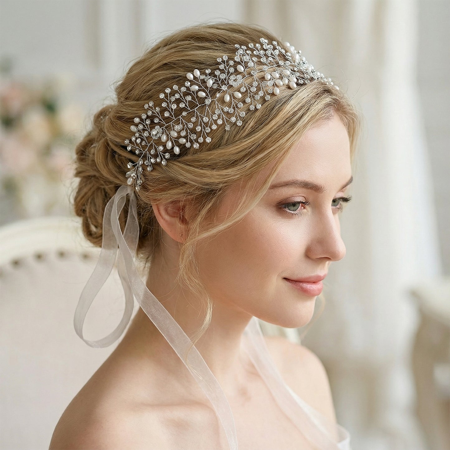 Bridella BHP10-S Silver Rhinestone & Pearl Tiara