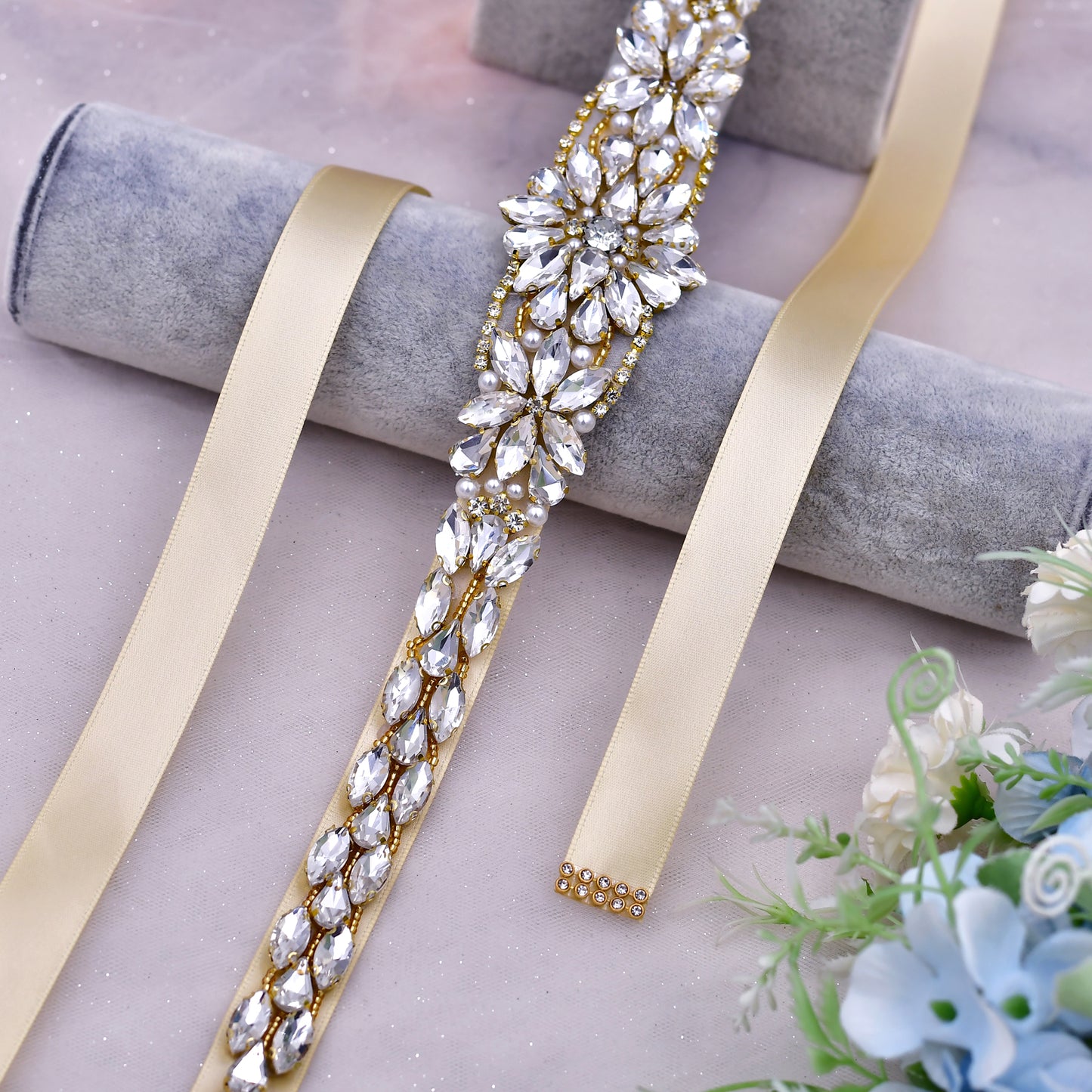 Golden Pearl Rhinestone Bridal Belt Elegant Sash - Bridella BS131