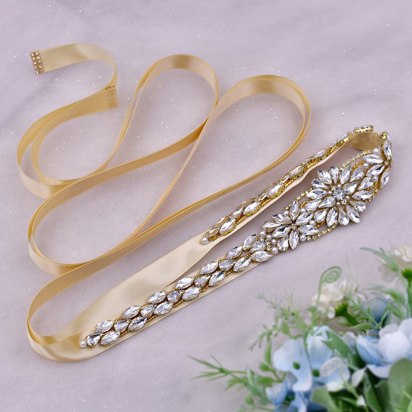 Golden Pearl Rhinestone Bridal Belt Elegant Sash - Bridella BS131