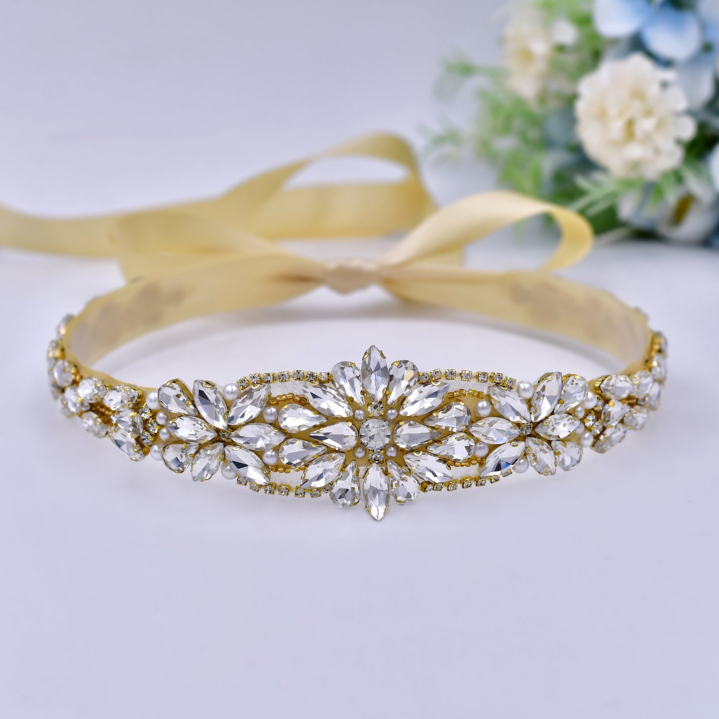 Golden Pearl Rhinestone Bridal Belt Elegant Sash - Bridella BS131