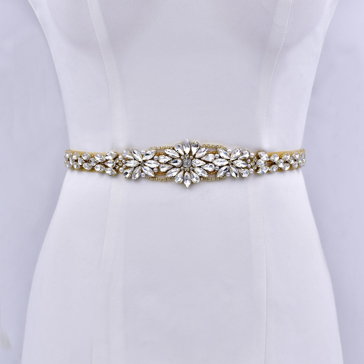 Golden Pearl Rhinestone Bridal Belt Elegant Sash - Bridella BS131