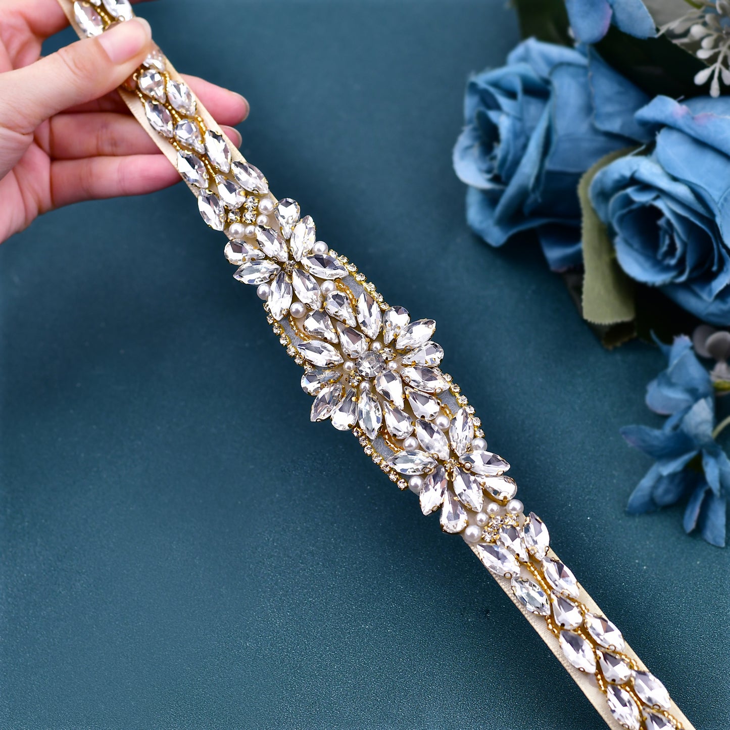 Golden Pearl Rhinestone Bridal Belt Elegant Sash - Bridella BS131