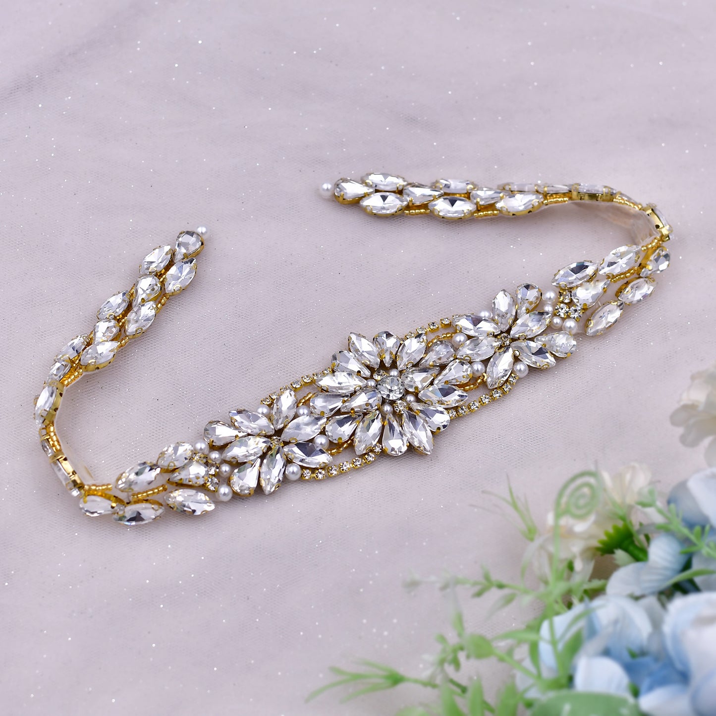 Golden Pearl Rhinestone Bridal Belt Elegant Sash - Bridella BS131