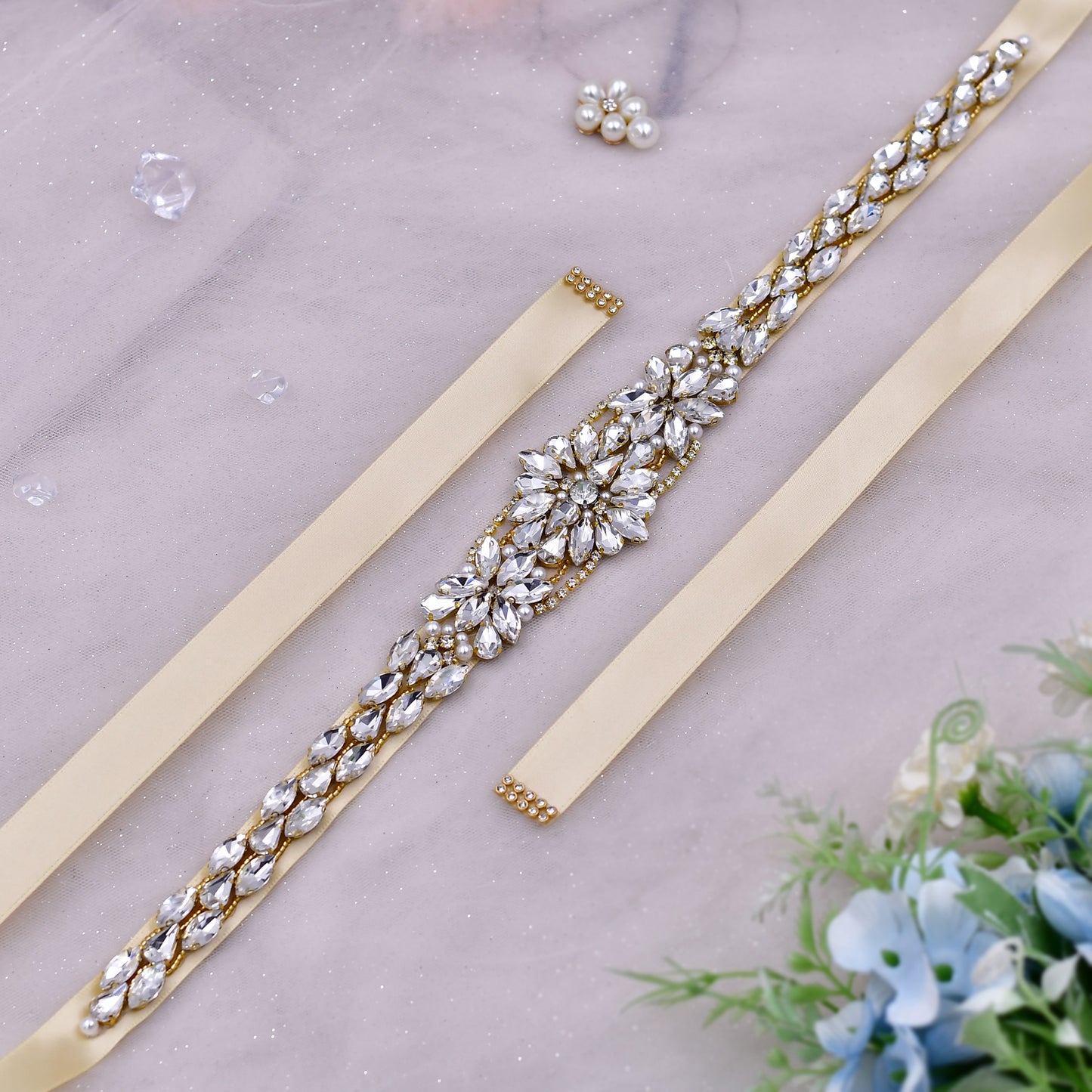 Golden Pearl Rhinestone Bridal Belt Elegant Sash - Bridella BS131