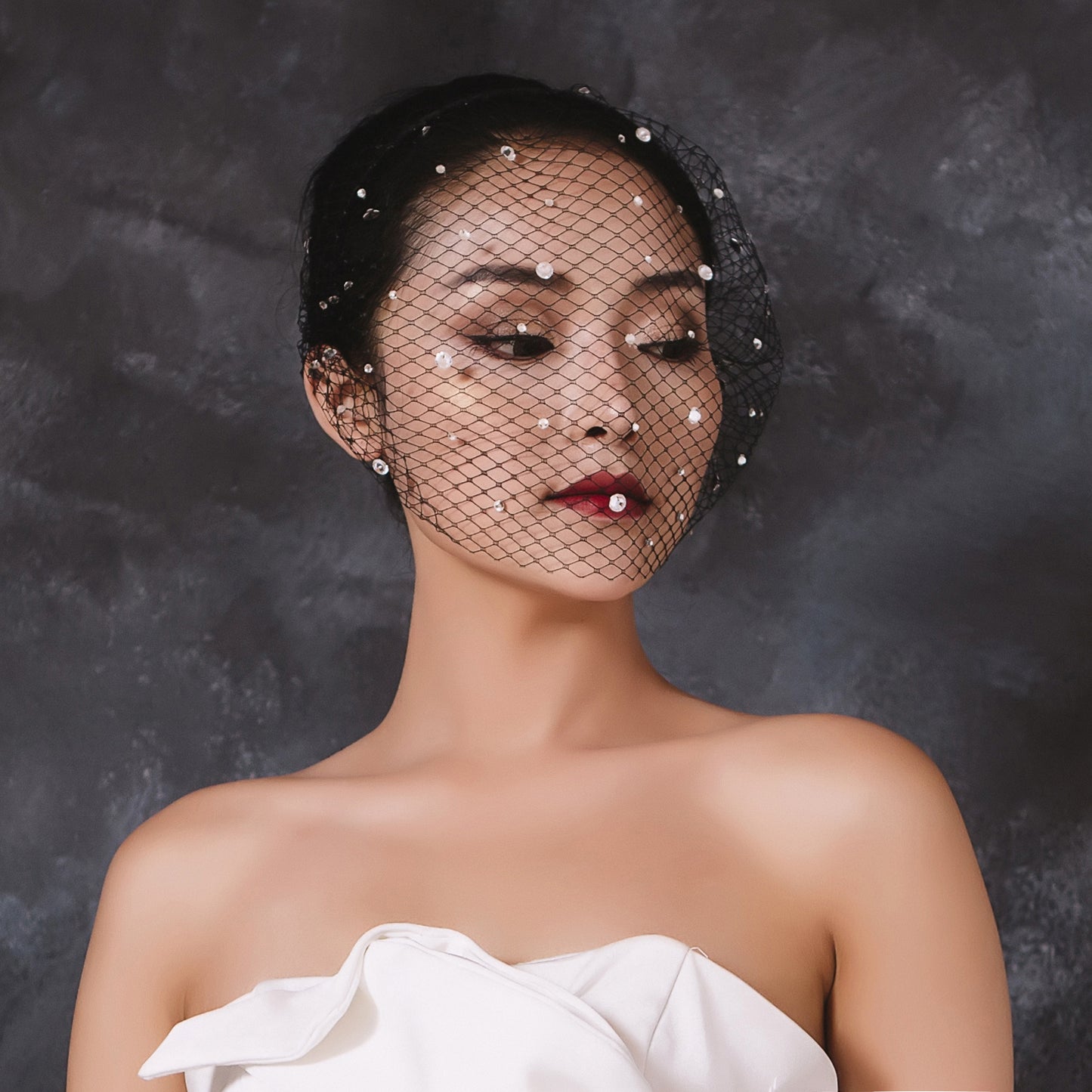 Elastic Birdcage Bridal Veil Headband Blusher Face Veil Wedding Hair Accessory Black White - Bridella BVA12-B
