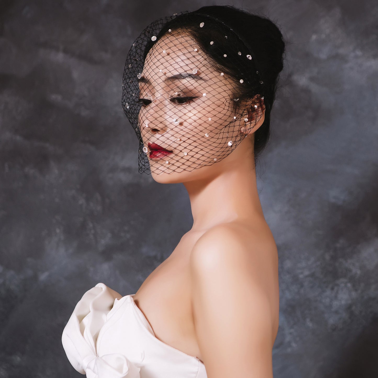 Elastic Birdcage Bridal Veil Headband Blusher Face Veil Wedding Hair Accessory Black White - Bridella BVA12-B