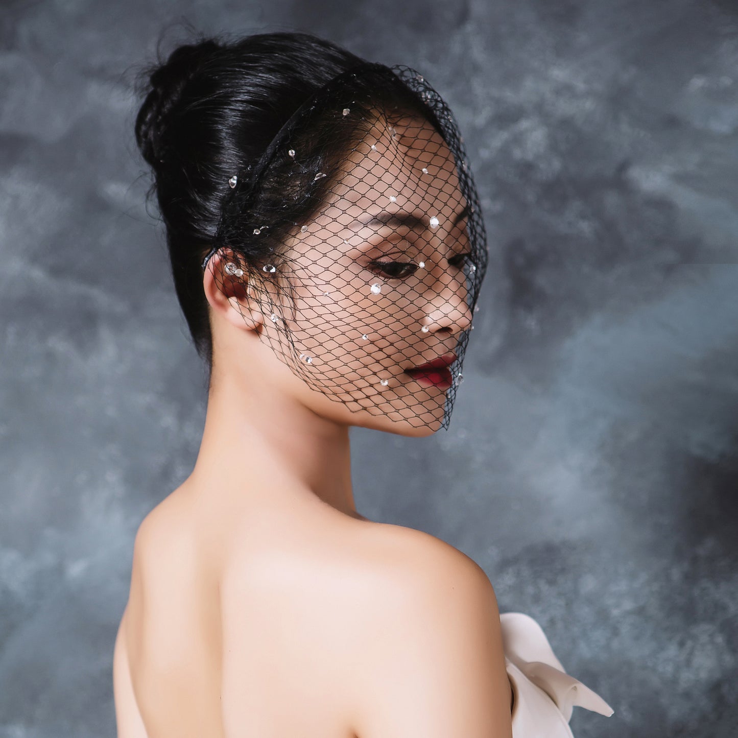 Elastic Birdcage Bridal Veil Headband Blusher Face Veil Wedding Hair Accessory Black White - Bridella BVA12-B