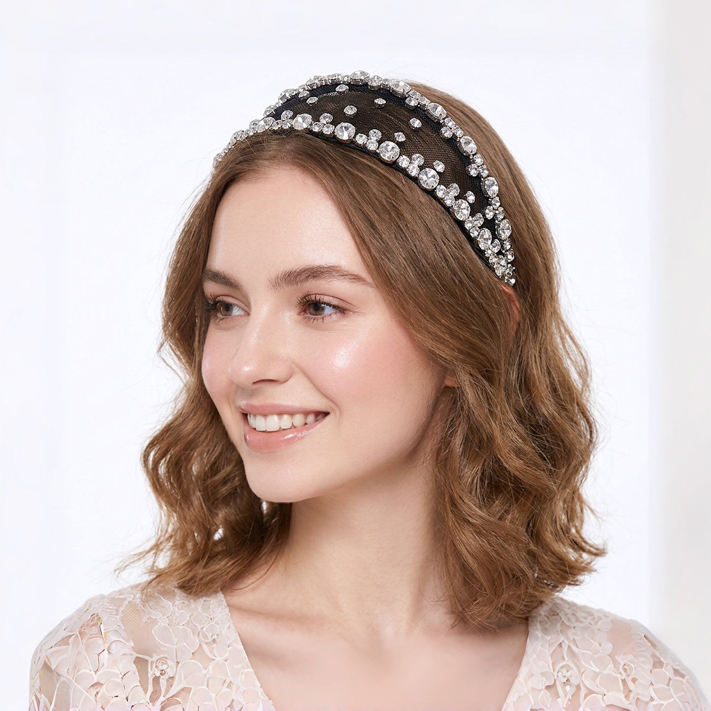 Black Rhinestone Mesh Headband Bridal Hair Accessory - Bridella BYXA43