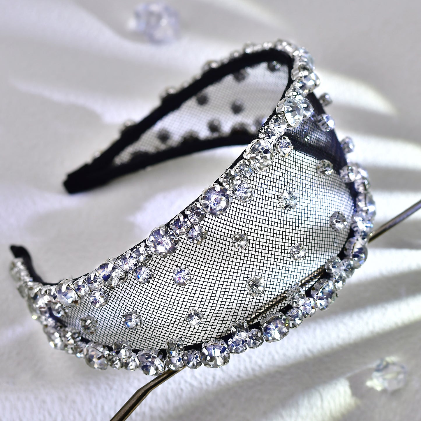 Black Rhinestone Mesh Headband Bridal Hair Accessory - Bridella BYXA43