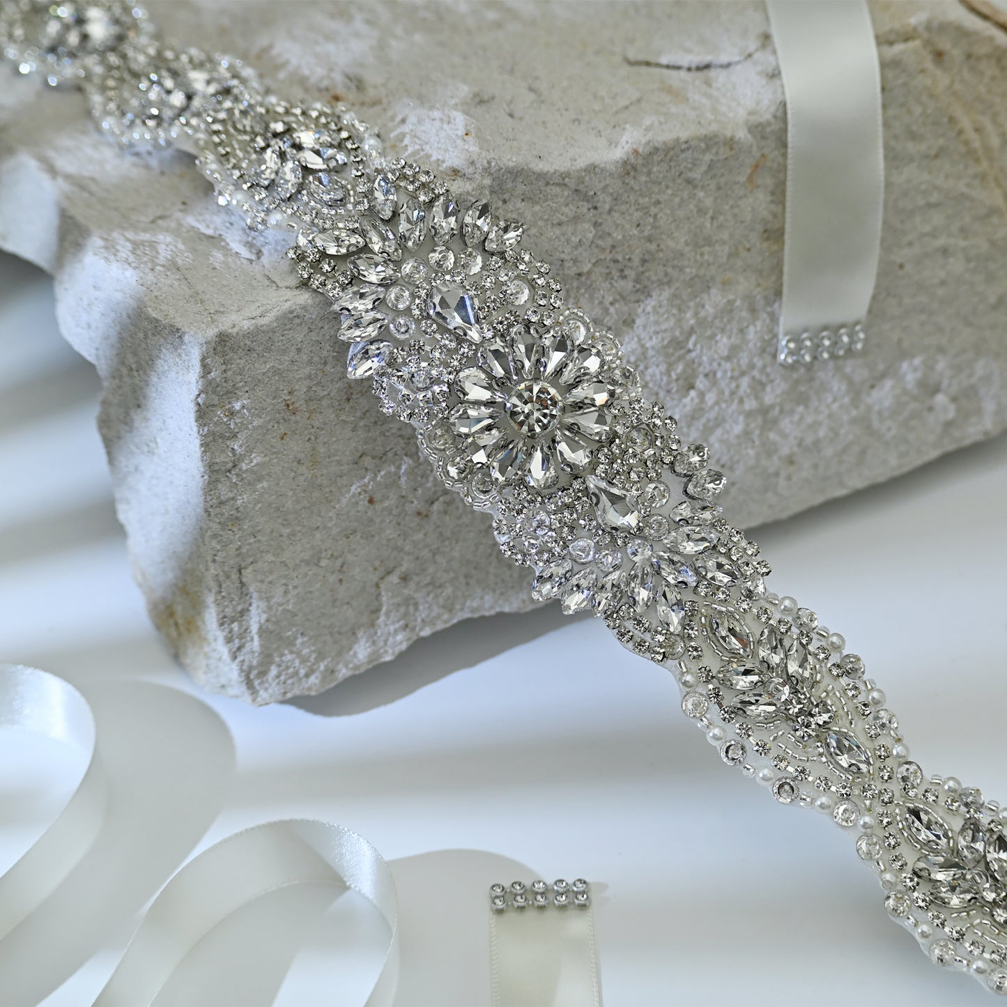 Bridella BS119 Silver Rhinestone & Pearl Belt