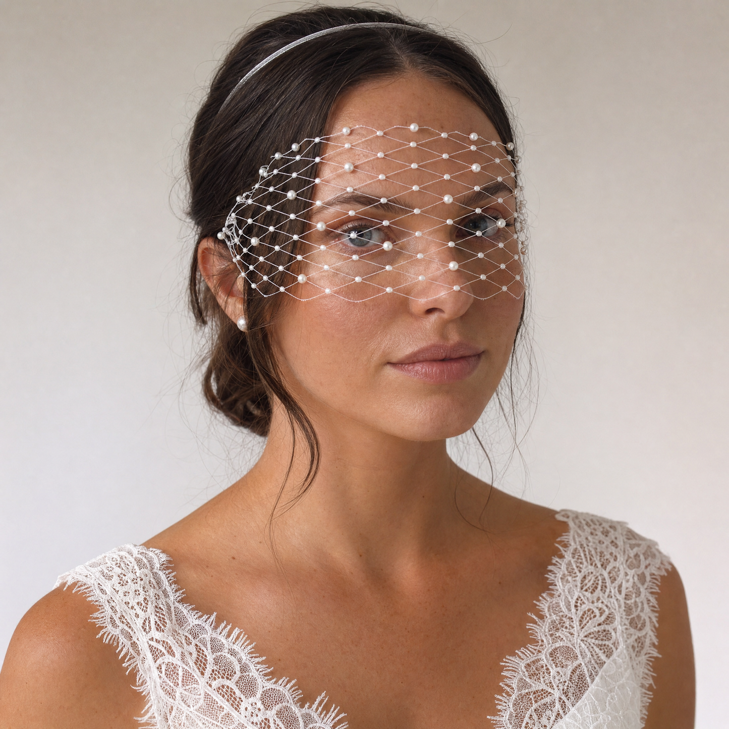 White Pearl Mesh Bridal Tiara Wedding Headpiece - Bridella BMA52