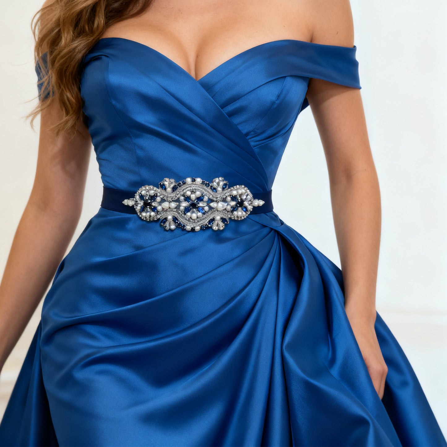 Bridella BS05ML Navy Rhinestone & Pearl Belt