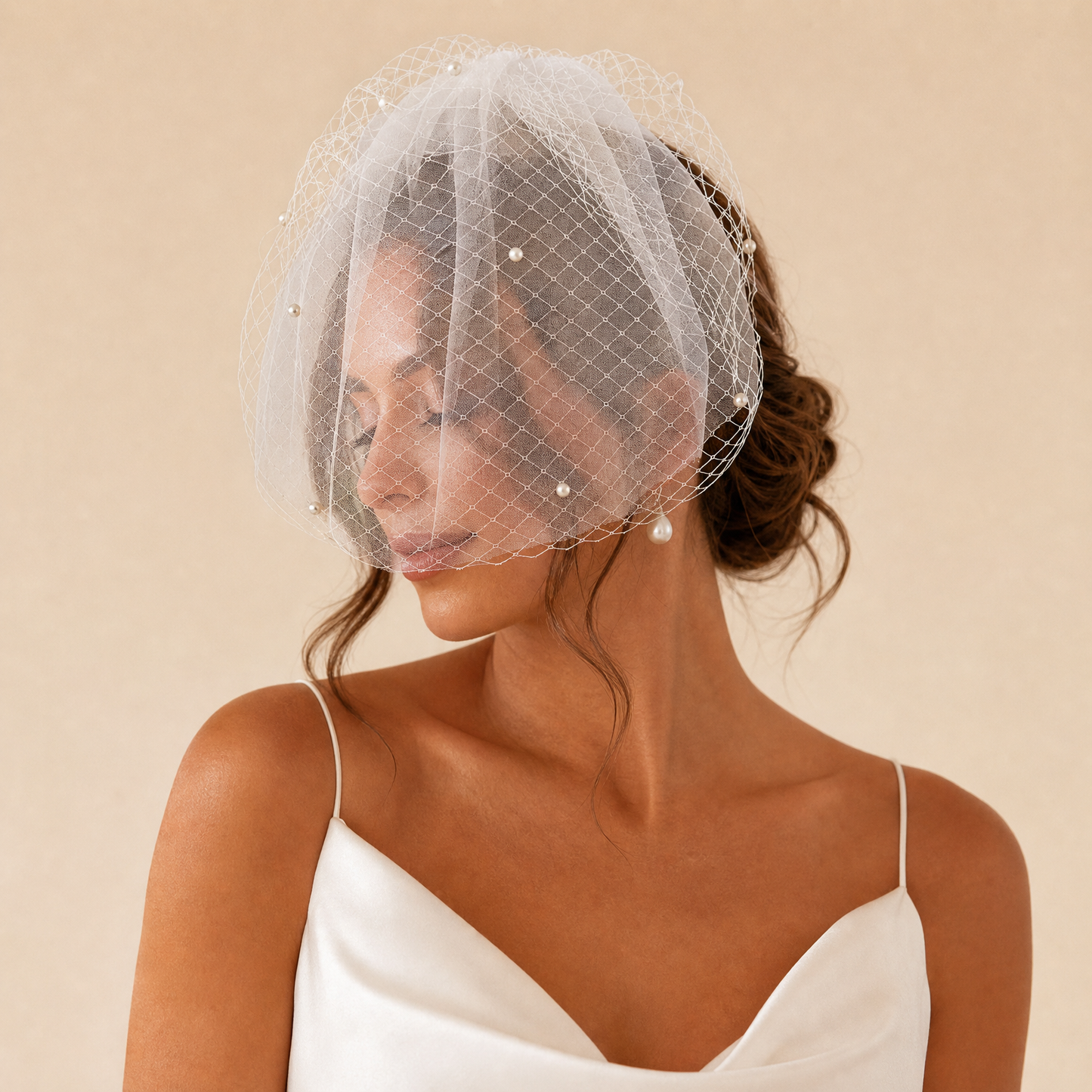 White Beaded Birdcage Bridal Veil Two Layer - Bridella BVA01