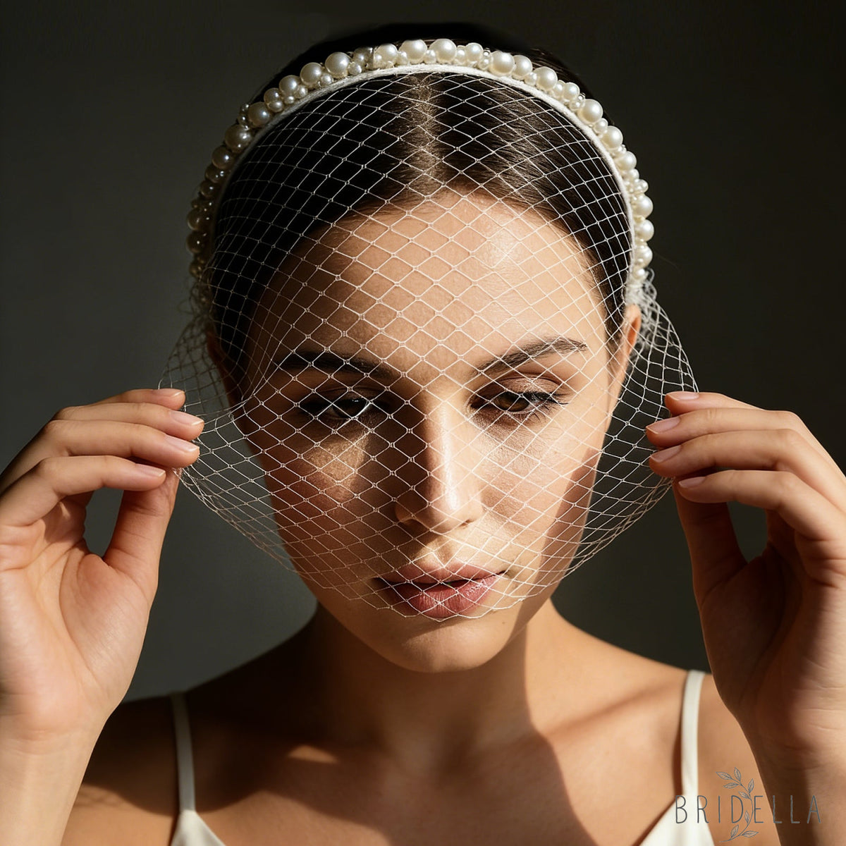 Beaded Birdcage Bridal Veil Wedding Headband - Bridella BVA30-I - Ivory